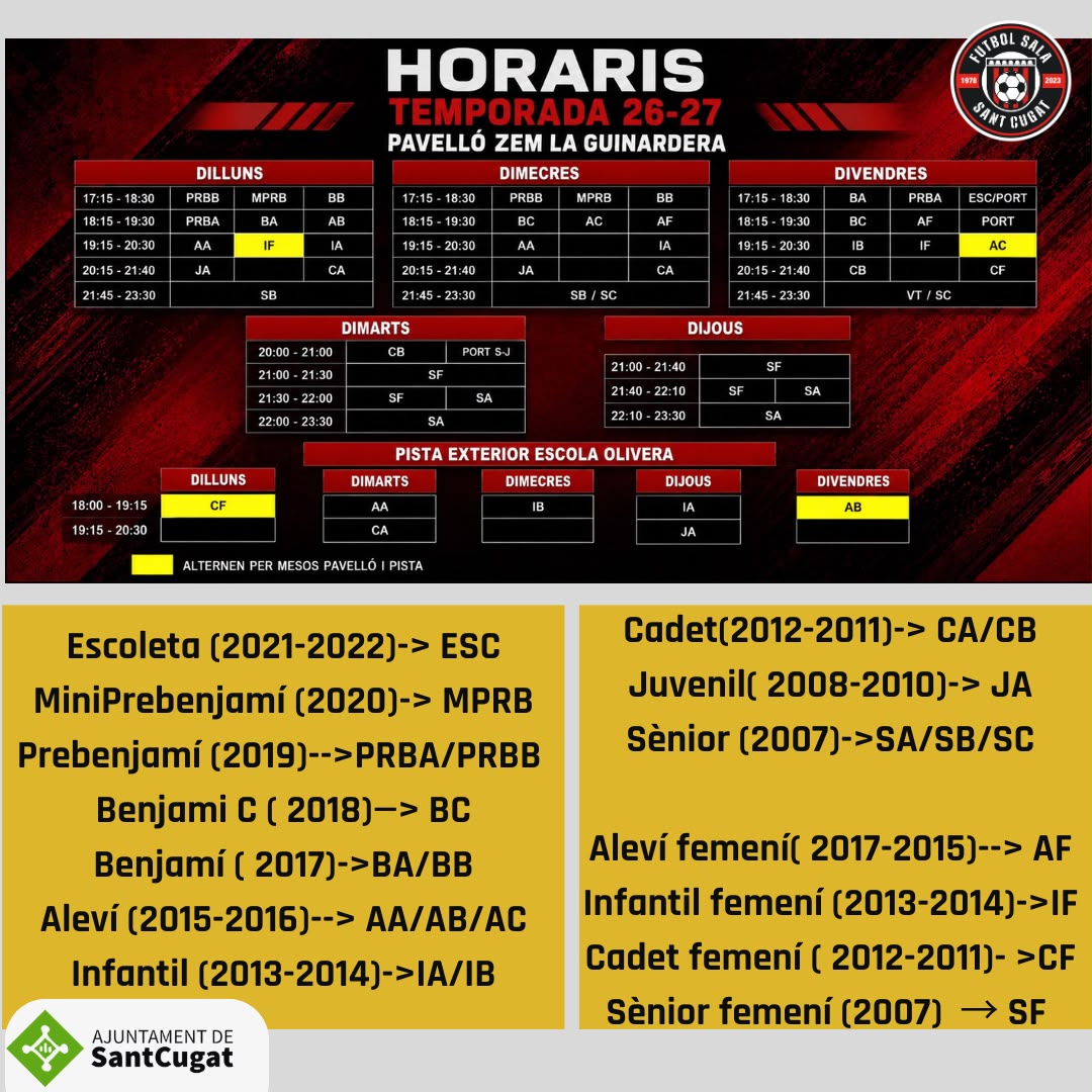 Horaris d'entrenament de la temporada 2026/2027